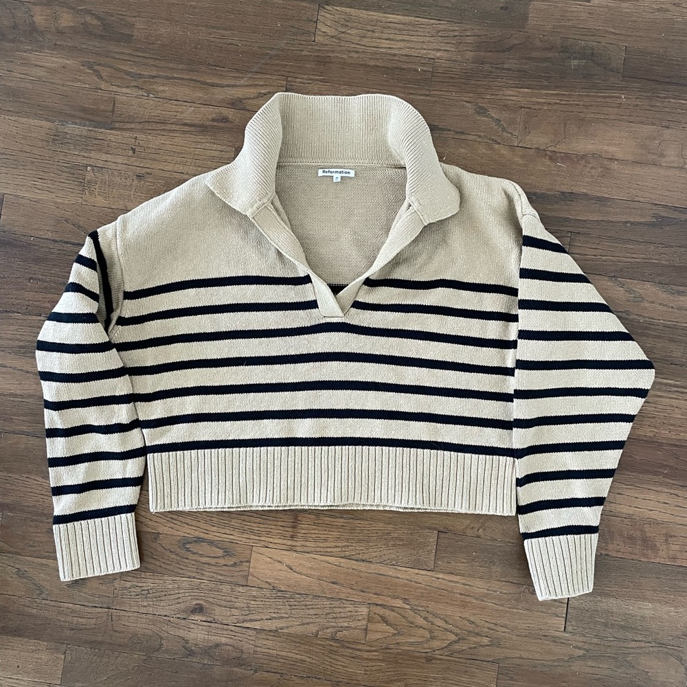 Reformation V-Neck Sweater in Tan and Black Stripes